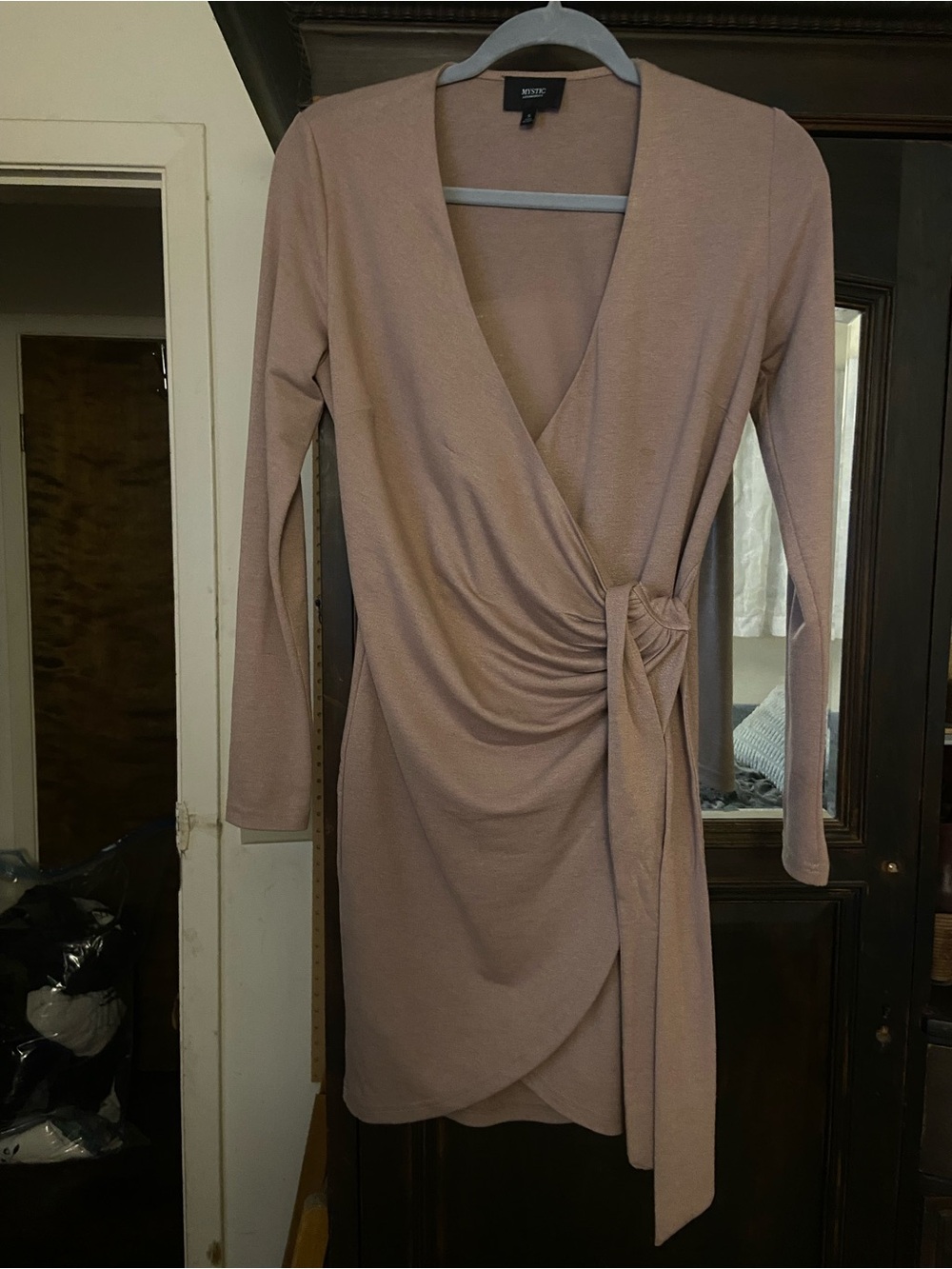 Mystic Mauve Taupe Wrap Long Sleeve Dress